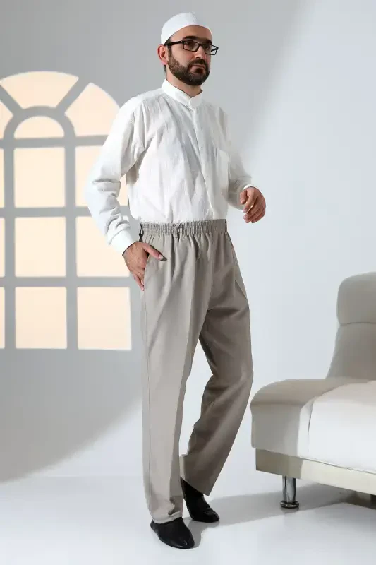 Erkek Rahat Kesim Beli Lastikli Cepli Hac ve Umre Kumaş Şalvar Pantolon - Toprak Rengi (İSR)-Toprak Rengi - 2