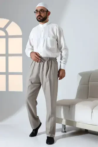 Erkek Rahat Kesim Beli Lastikli Cepli Hac ve Umre Kumaş Şalvar Pantolon - Toprak Rengi (İSR)-Toprak Rengi - 3