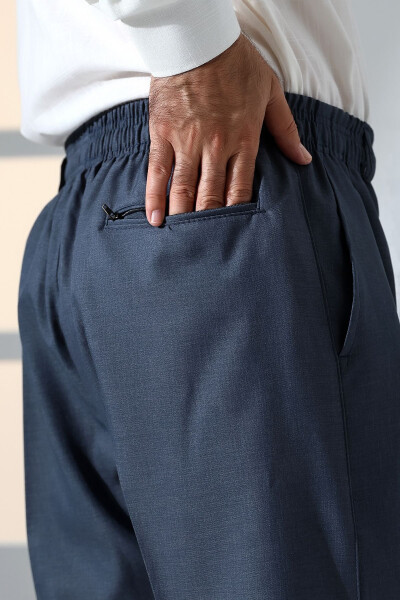 Erkek Rahat Kesim Beli Lastikli Cepli Hac ve Umre Kumaş Şalvar Pantolon - Mavi (İSR)-Mavi - 6