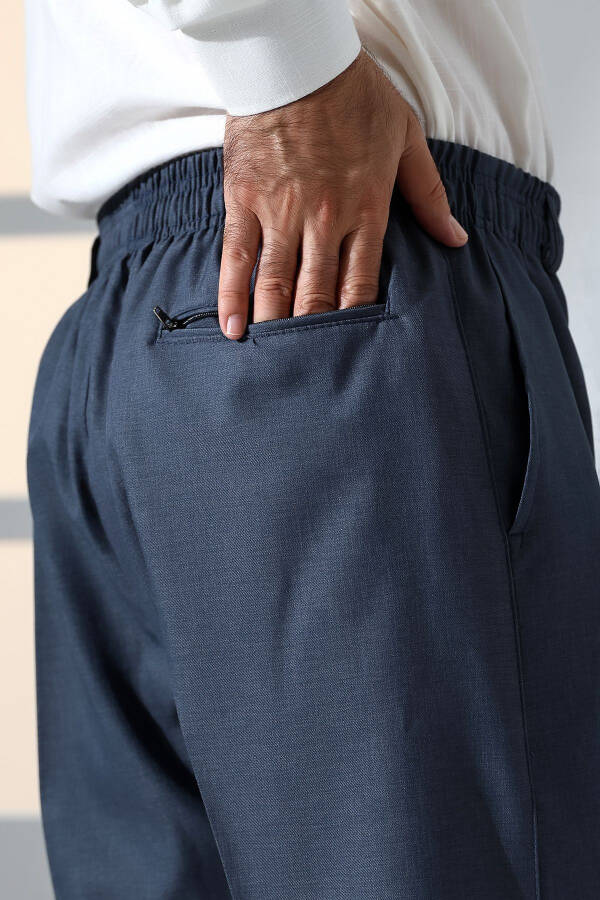 Erkek Rahat Kesim Beli Lastikli Cepli Hac ve Umre Kumaş Şalvar Pantolon - Mavi (İSR)-Mavi - 6