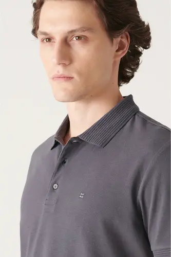 Erkek Antrasit 3 Düğmeli %100 Mısır Pamuğu Polo Yaka Regular Fit T-Shirt B001027 - Antrasit - 2
