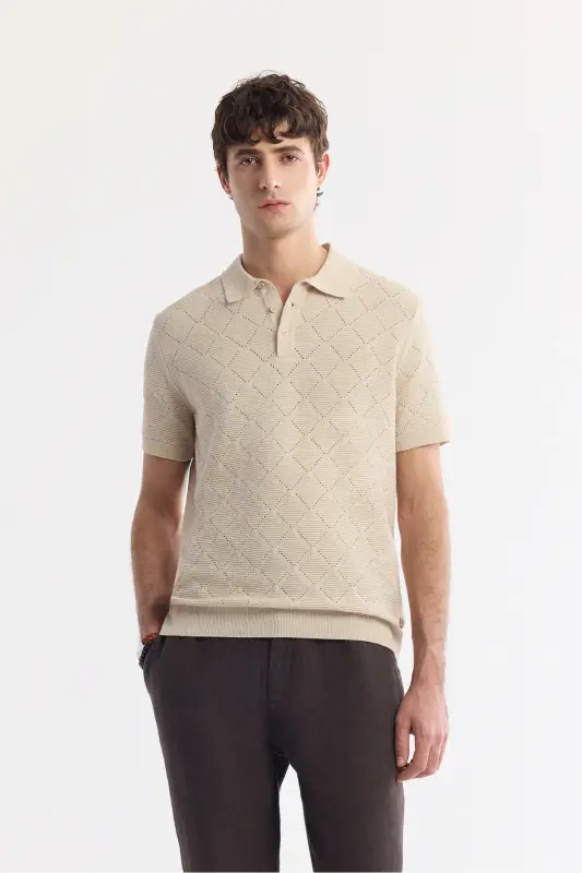 Erkek Bej Polo Yaka Pamuklu Triko Regular Fit T-Shirt A51Y5040 - Bej - AVVA