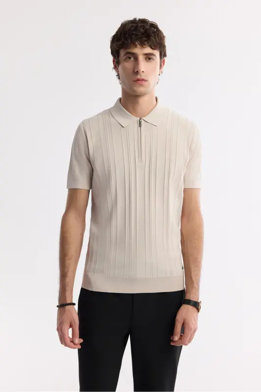 Erkek Bej Polo Yaka Rayon Triko Regular Fit T-Shirt A51Y5046 - Bej - 7