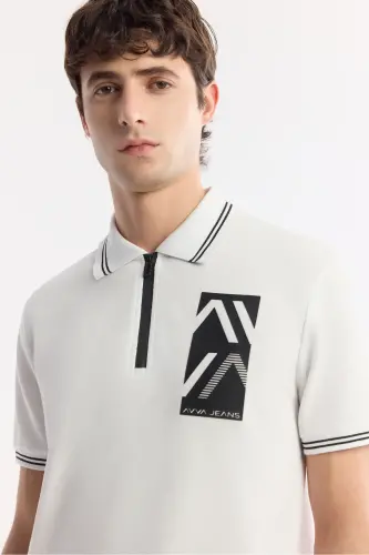 Erkek Beyaz Polo Yaka Baskılı %100 Pamuk Regular Fit T-Shirt A51Y1167 - Beyaz - 2