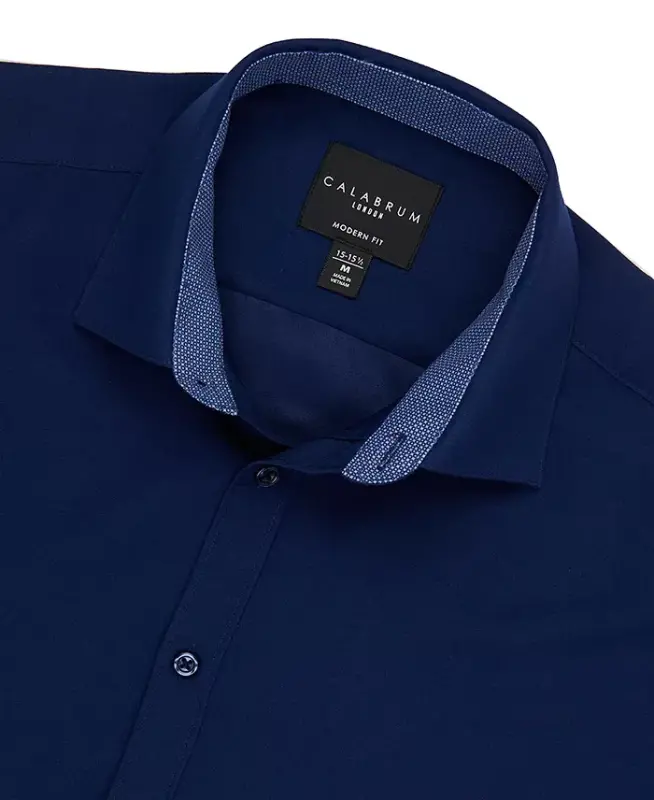Men's Regular Fit Solid Wrinkle Free Performance Dress Shirt - Navy - CALABRUM