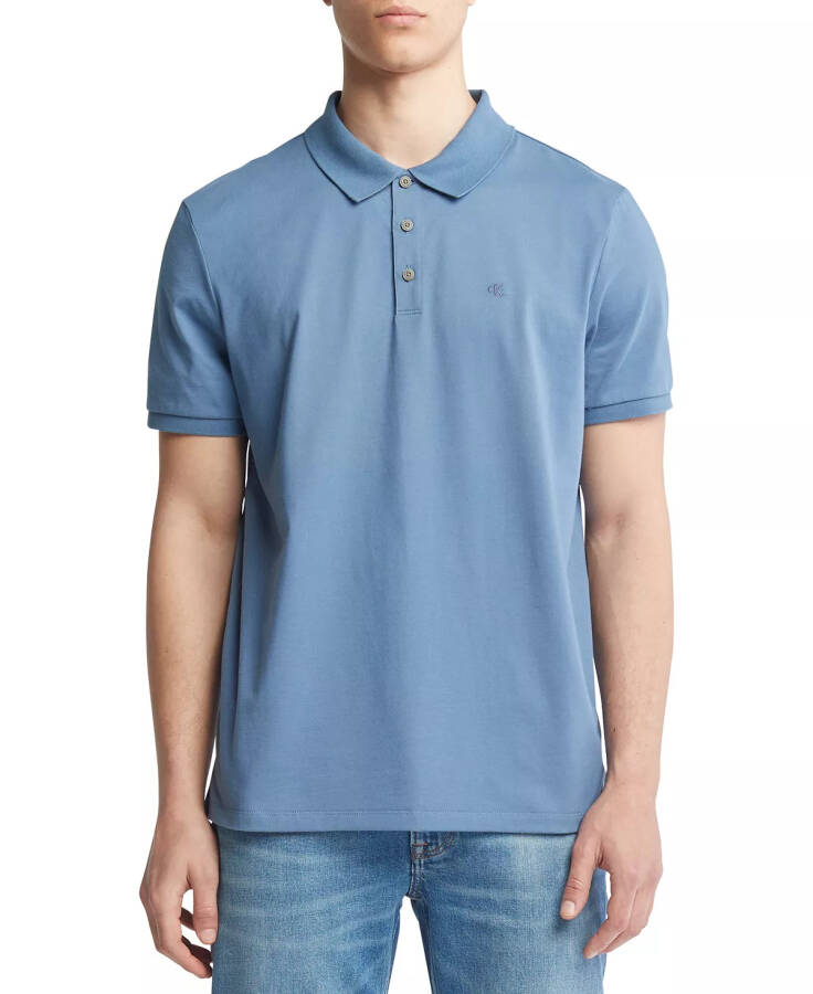 Erkek Regular Fit Düz Pamuklu Monogram Logolu Polo Gömlek Mavi Horizon - 1