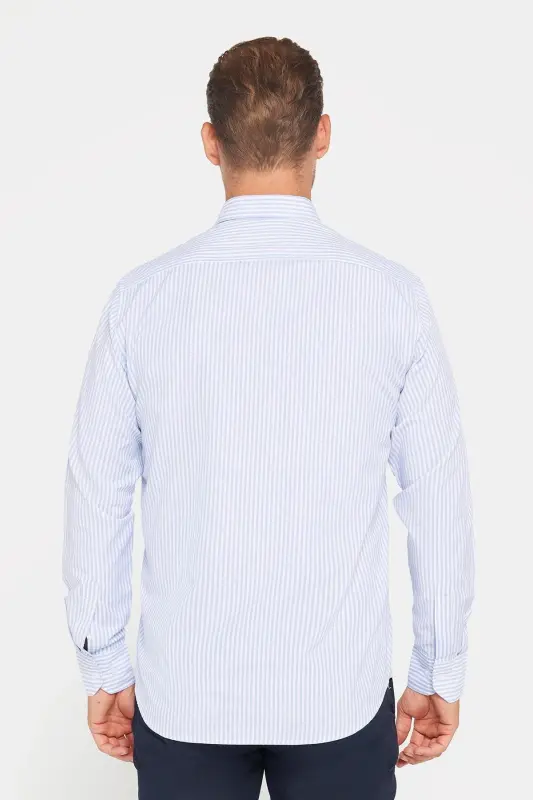 Erkek Regular Fit Klasik Kesim Düğmeli Yaka Pamuklu Kolay Ütü Çizgili Gömlek-Mavi Çizgili - 5