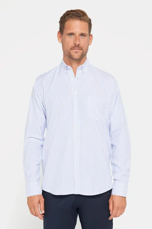 Erkek Regular Fit Klasik Kesim Düğmeli Yaka Pamuklu Kolay Ütü Çizgili Gömlek-Mavi Çizgili - 2