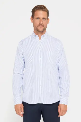 Erkek Regular Fit Klasik Kesim Düğmeli Yaka Pamuklu Kolay Ütü Çizgili Gömlek-Mavi Çizgili - TUDORS (1)
