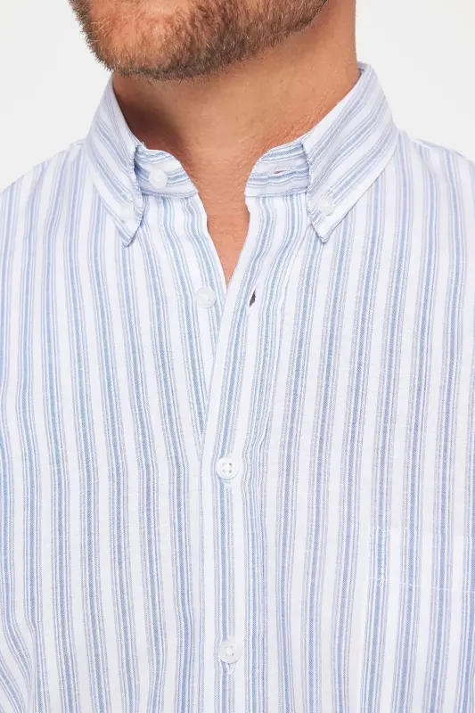 Erkek Regular Fit Klasik Kesim Düğmeli Yaka Pamuklu Kolay Ütü Çizgili Gömlek-Multi - 4
