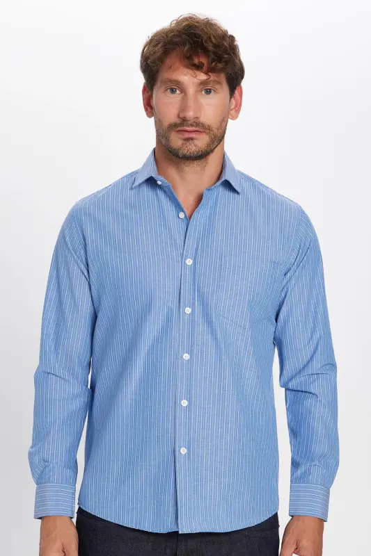 Erkek Regular Fit Klasik Kesim İnce Çizgili Pamuklu Kravatlık Yaka Gömlek-Multi4 - 4