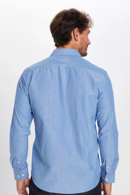 Erkek Regular Fit Klasik Kesim İnce Çizgili Pamuklu Kravatlık Yaka Gömlek-Multi4 - 5