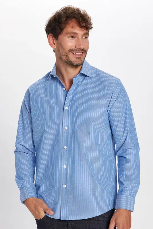 Erkek Regular Fit Klasik Kesim İnce Çizgili Pamuklu Kravatlık Yaka Gömlek-Multi4 - 1