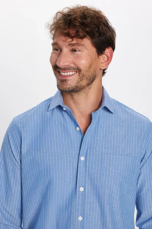 Erkek Regular Fit Klasik Kesim İnce Çizgili Pamuklu Kravatlık Yaka Gömlek-Multi4 - 2