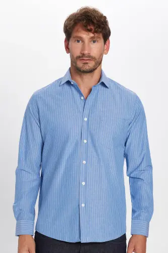 Erkek Regular Fit Klasik Kesim İnce Çizgili Pamuklu Kravatlık Yaka Gömlek-Multi4 - 4