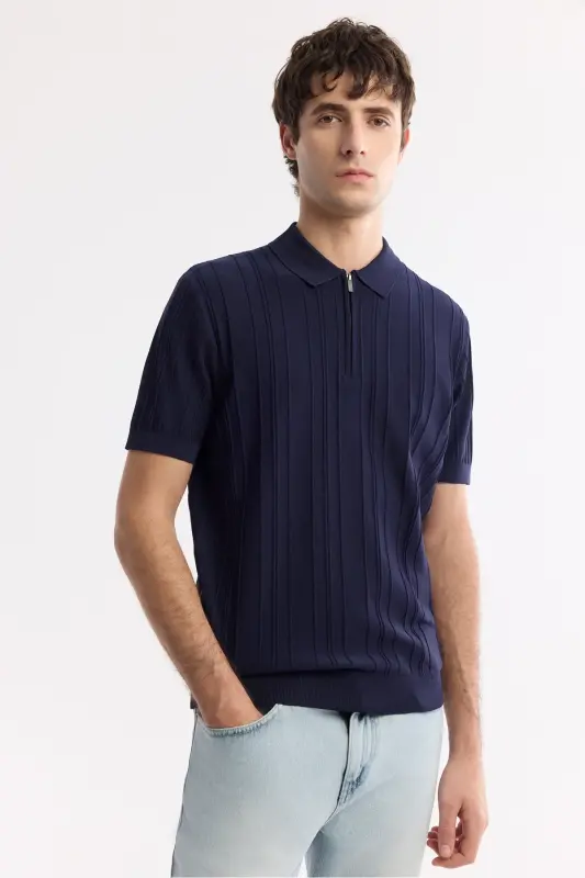 Erkek Lacivert Polo Yaka Rayon Triko Regular Fit T-Shirt A51Y5046 - Lacivert - 7
