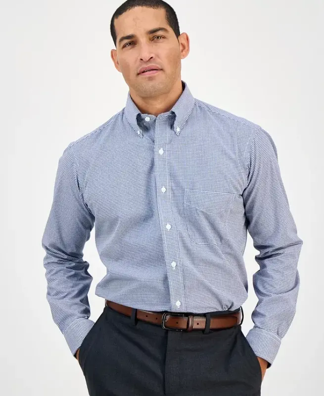 Men's Regular Fit Mini Gingham Dress Shirt, Created for Modazone - Navy - CLUB ROOM