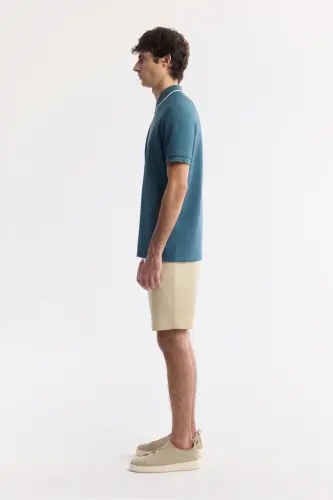 Erkek Petrol Mavi Polo Yaka Bi-Stretch Baskılı İnterlok Regular Fit T-Shirt A51Y1007 - Petrol Mavi - 4