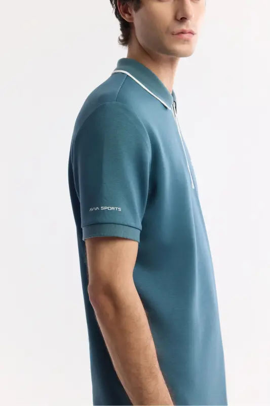 Erkek Petrol Mavi Polo Yaka Bi-Stretch Baskılı İnterlok Regular Fit T-Shirt A51Y1007 - Petrol Mavi - 6