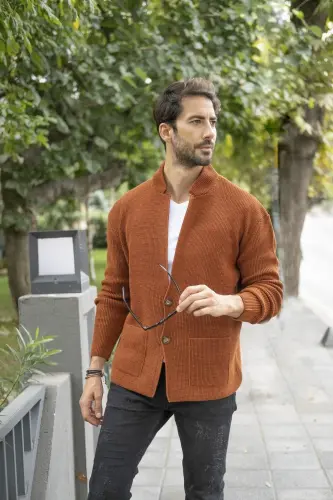 Erkek Regular Fit Selanik Triko Hırka Tarçın 23w208 - Tarçın 