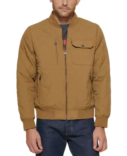 Men's Regular-Fit Diamond-Quilted Bomber Jacket - Khaki 