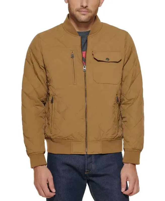 Men's Regular-Fit Diamond-Quilted Bomber Jacket - Khaki - 1