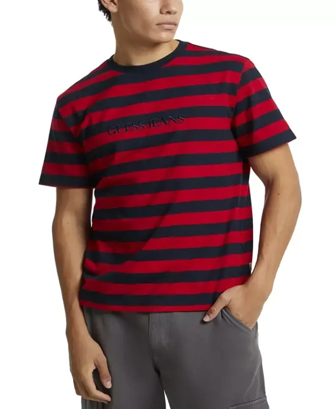 Men's Regular-Fit Stripe Embroidered Logo Graphic T-Shirt - Red And Blue Stripes - 1