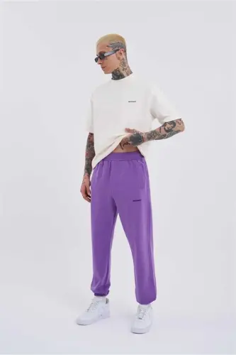 Erkek Relaxed Basic Paça Lastikli Jogger Eşofman Mor-NEW PURPLE - 4