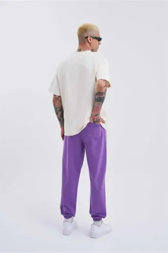 Erkek Relaxed Basic Paça Lastikli Jogger Eşofman Mor-NEW PURPLE - 5