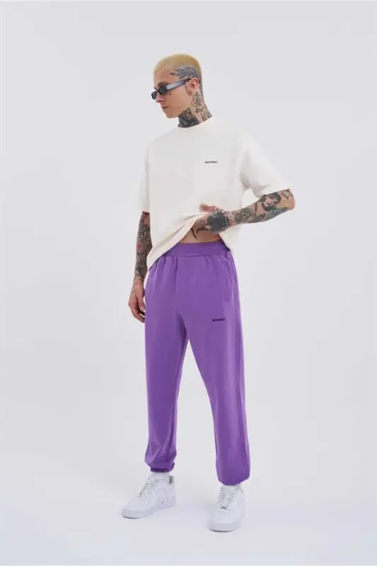 Erkek Relaxed Basic Paça Lastikli Jogger Eşofman Mor-NEW PURPLE - 4
