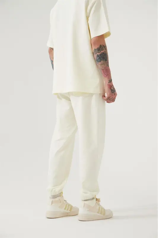 Erkek Relaxed Basic Paça Lastikli Jogger Eşofman Pamuk Beyaz-COTTON WHITE - 2