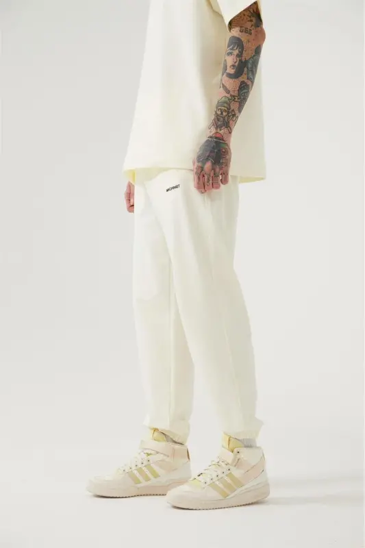 Erkek Relaxed Basic Paça Lastikli Jogger Eşofman Pamuk Beyaz-COTTON WHITE - 3