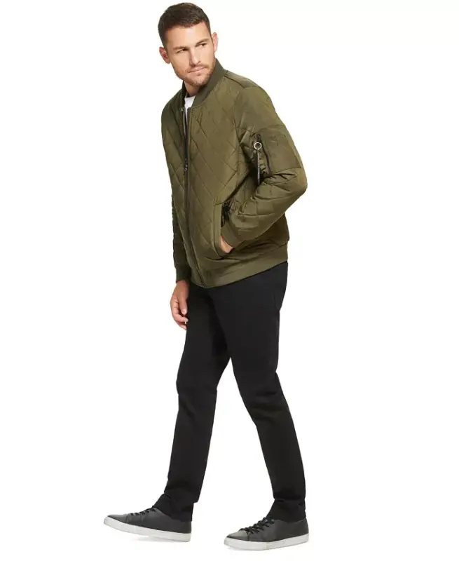 Men's Quilted Baseball Jacket with Rib-Knit Trim - Olivine - 4