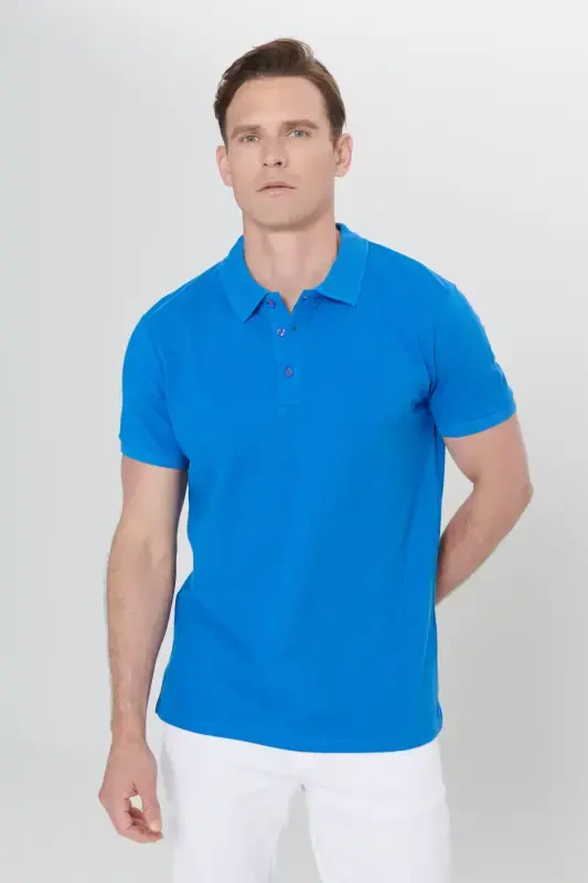 Erkek Royal Mavi %100 Pamuk Kıvrılmaz Pike Polo Yaka Slim Fit Dar Kesim Tişört-Royal Mavi - ALTINYILDIZ CLASSICS