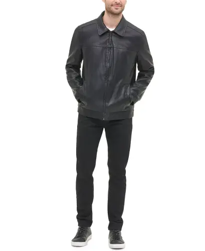 Men's Faux Leather Laydown Collar Jacket - Black - 6
