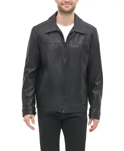 Men's Faux Leather Laydown Collar Jacket - Black 