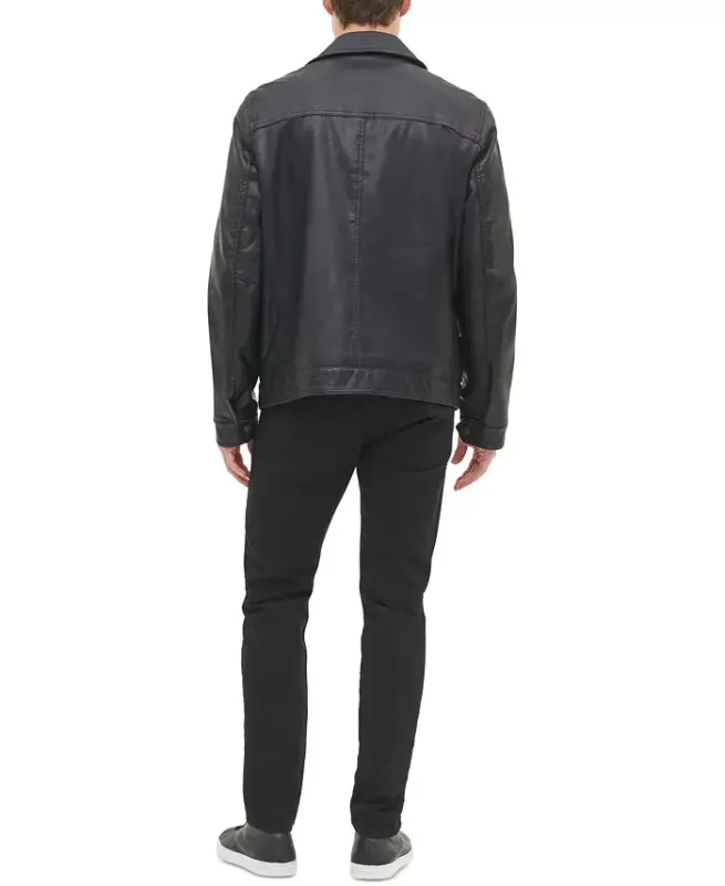 Men's Faux Leather Laydown Collar Jacket - Black - 2