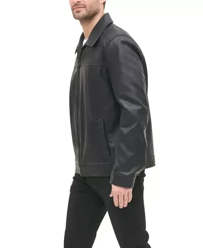 Men's Faux Leather Laydown Collar Jacket - Black - 5