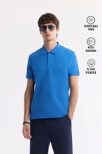 Erkek Saks Kıvrılmaz Polo Yaka %100 Pamuk Basic Regular Fit T-Shirt B001032 - Saks 