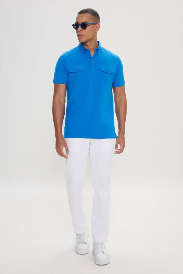 Erkek Saks %100 Pamuk Slim Fit Dar Kesim Polo Yaka Tişört-Saks Mavi - 2