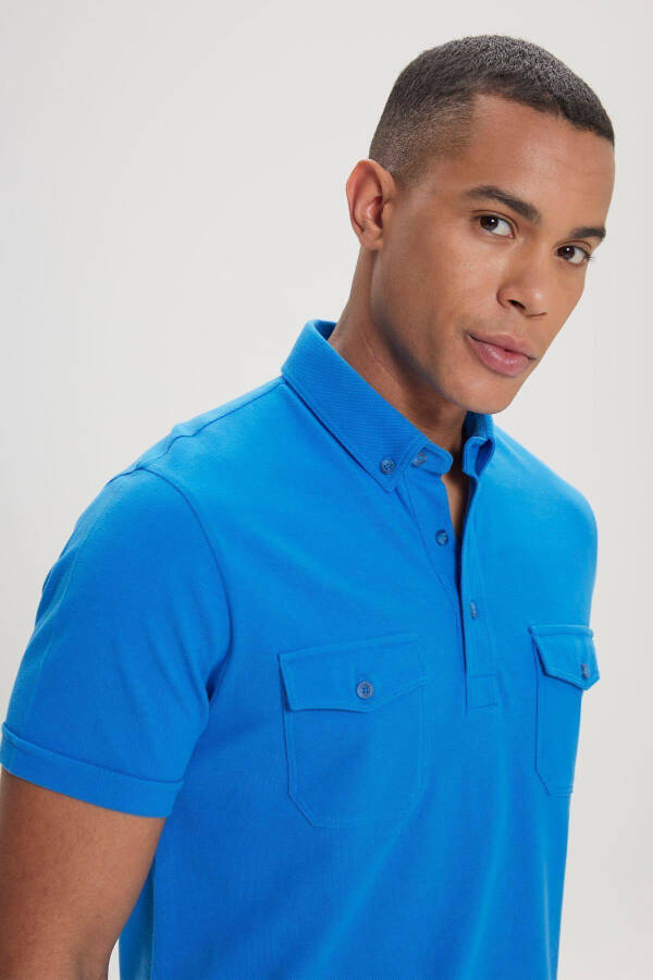 Erkek Saks %100 Pamuk Slim Fit Dar Kesim Polo Yaka Tişört-Saks Mavi - 3