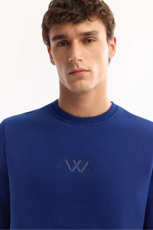 Erkek Saks Bisiklet Yaka Pamuklu Şardonlu Baskılı Regular Fit Sweatshirt B001033 - Saks - 2