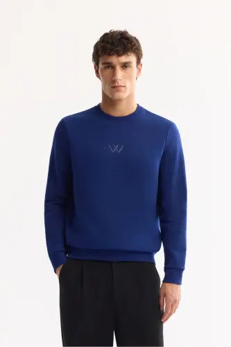 Erkek Saks Bisiklet Yaka Pamuklu Şardonlu Baskılı Regular Fit Sweatshirt B001033-Saks 