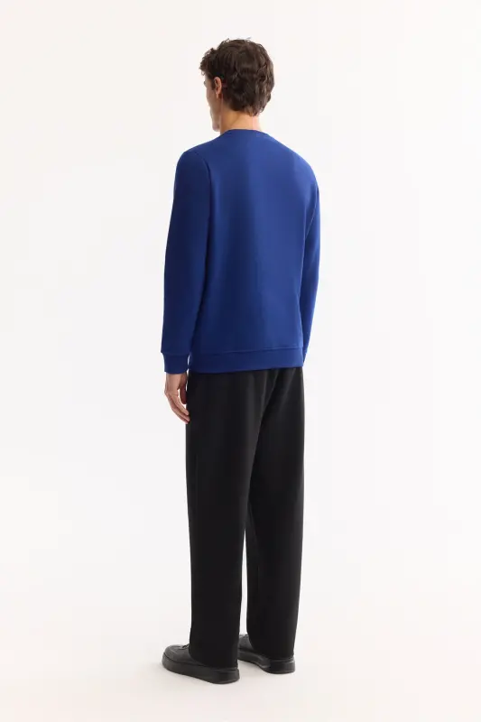 Erkek Saks Bisiklet Yaka Pamuklu Şardonlu Baskılı Regular Fit Sweatshirt B001033-Saks - 4