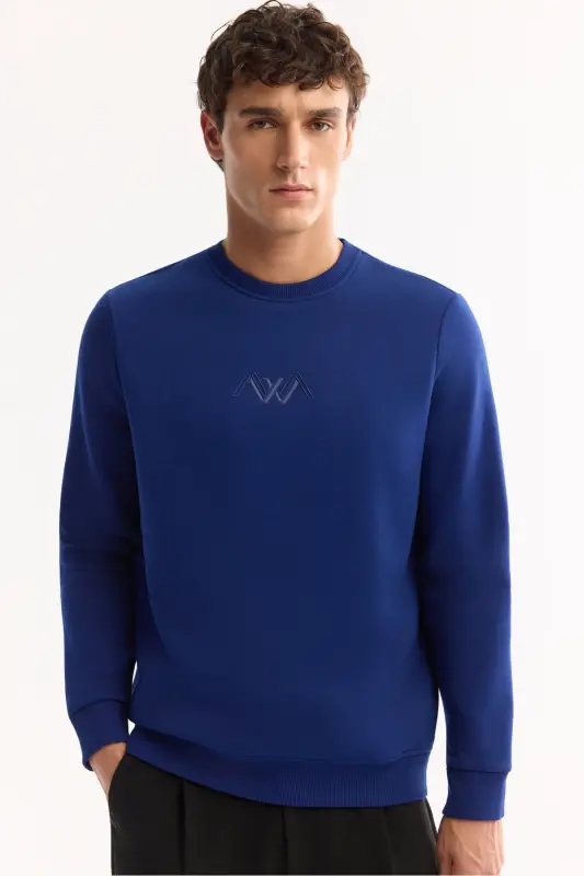 Erkek Saks Bisiklet Yaka Pamuklu Şardonlu Baskılı Regular Fit Sweatshirt B001033-Saks - 5