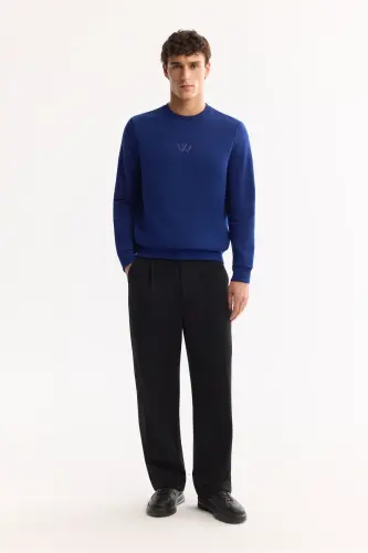 Erkek Saks Bisiklet Yaka Pamuklu Şardonlu Baskılı Regular Fit Sweatshirt B001033-Saks - 6