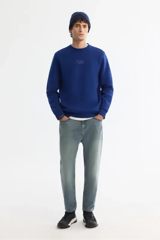 Erkek Saks Bisiklet Yaka Pamuklu Şardonlu Baskılı Regular Fit Sweatshirt B001033-Saks - 7