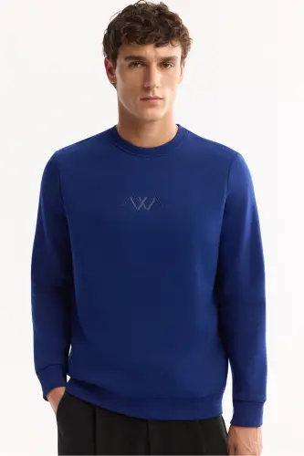 Erkek Saks Bisiklet Yaka Pamuklu Şardonlu Baskılı Regular Fit Sweatshirt B001033-Saks - 5