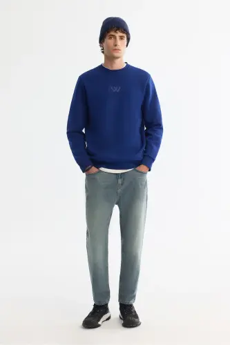 Erkek Saks Bisiklet Yaka Pamuklu Şardonlu Baskılı Regular Fit Sweatshirt B001033-Saks - 7