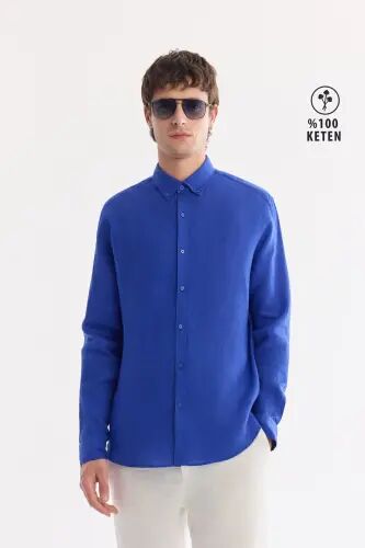 Erkek Saks Comfort Fit %100 Keten Düğmeli Yaka Gömlek B002191-Saks 